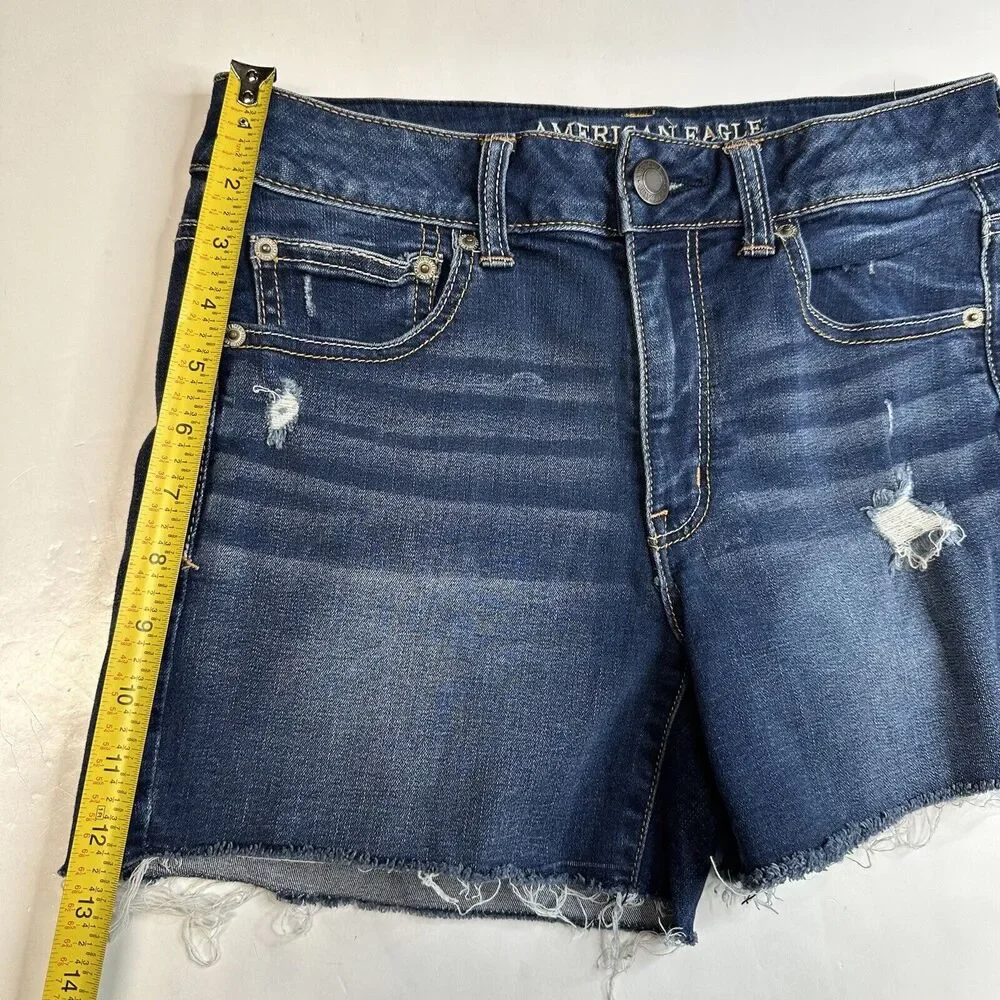American Eagle Shorts Hi-Rise Shortie 8 Super Stretch Denim Blue Jean Distress
